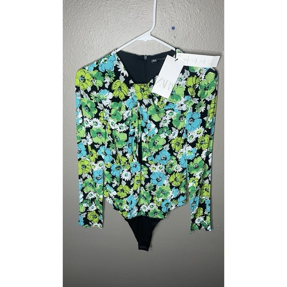 Women's‎ ZARA Floral Satin Sexy Bodysuit Blouse Sz S Black Green New With Tags - Picture 2 of 8